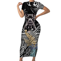 Polynesian Pitbull Short Sleeve Bodycon Dress Polynesian Pattern And Pitbull TS04 Long Dress Black - Polynesian Pride