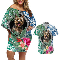 Polynesian Yorkshire Terrier Couples Matching Off Shoulder Short Dress and Hawaiian Shirt Polynesian Pattern And Yorkshire Terrier TS04 Multicolor - Polynesian Pride