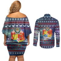Tonga Christmas Couples Matching Off Shoulder Short Dress and Long Sleeve Button Shirt with Singing Whale Ocean Scene National Coat of Arms - Polynesian Pride