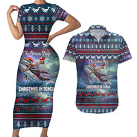Tonga Christmas Couples Matching Short Sleeve Bodycon Dress and Hawaiian Shirt with Singing Whale Ocean Scene National Coat of Arms - Polynesian Pride