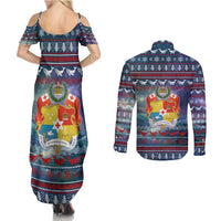 Tonga Christmas Couples Matching Summer Maxi Dress and Long Sleeve Button Shirt with Singing Whale Ocean Scene National Coat of Arms - Polynesian Pride