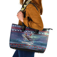 Tonga Christmas Leather Tote Bag with Singing Whale Ocean Scene National Coat of Arms - Polynesian Pride