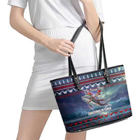 Tonga Christmas Leather Tote Bag with Singing Whale Ocean Scene National Coat of Arms - Polynesian Pride