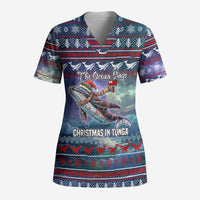 Tonga Christmas Scrub Top with Singing Whale Ocean Scene National Coat of Arms - Polynesian Pride