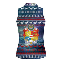 Tonga Christmas Women Sleeveless Polo Shirt with Singing Whale Ocean Scene National Coat of Arms - Polynesian Pride