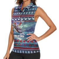 Tonga Christmas Women Sleeveless Polo Shirt with Singing Whale Ocean Scene National Coat of Arms - Polynesian Pride
