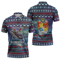 Tonga Christmas Zipper Polo Shirt with Singing Whale Ocean Scene National Coat of Arms - Polynesian Pride