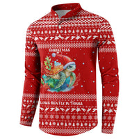 Tonga Christmas Button Sweatshirt with Sea Turtle Coral Reef Design Snowflake Pattern and National Emblem - Polynesian Pride