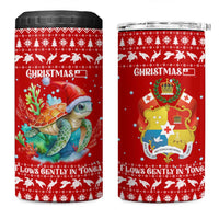 Tonga Christmas 4 in 1 Can Cooler Tumbler with Sea Turtle Coral Reef Design Snowflake Pattern and National Emblem - Polynesian Pride