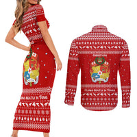 Tonga Christmas Couples Matching Short Sleeve Bodycon Dress and Long Sleeve Button Shirt with Sea Turtle Coral Reef Design Snowflake Pattern and National Emblem - Polynesian Pride