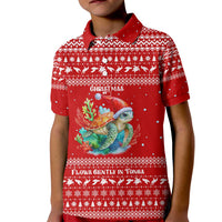 Tonga Christmas Kid Polo Shirt with Sea Turtle Coral Reef Design Snowflake Pattern and National Emblem - Polynesian Pride