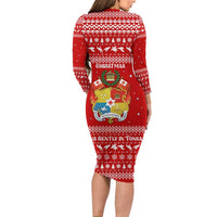 Tonga Christmas Long Sleeve Bodycon Dress with Sea Turtle Coral Reef Design Snowflake Pattern and National Emblem - Polynesian Pride