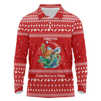 Tonga Christmas Long Sleeve Polo Shirt with Sea Turtle Coral Reef Design Snowflake Pattern and National Emblem - Polynesian Pride