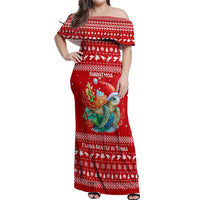 Tonga Christmas Off Shoulder Maxi Dress with Sea Turtle Coral Reef Design Snowflake Pattern and National Emblem - Polynesian Pride