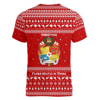 Tonga Christmas Women V-Neck T-Shirt with Sea Turtle Coral Reef Design Snowflake Pattern and National Emblem - Polynesian Pride