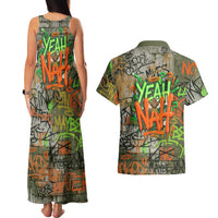 Yeah Nah Graffiti Skull New Zealand Slang Couples Matching Tank Maxi Dress and Hawaiian Shirt Kiwi Grunge Brick Wall and Bold Urban Street Art