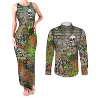 Yeah Nah Graffiti Skull New Zealand Slang Couples Matching Tank Maxi Dress and Long Sleeve Button Shirt Kiwi Grunge Brick Wall and Bold Urban Street Art TS04 Multicolor - Polynesian Pride