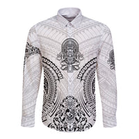 Hawaii Polynesian Long Sleeve Button Shirt Warrior symbol TS04 Unisex White - Polynesian Pride