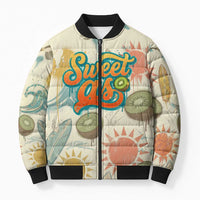 NZ Slang Sweet As Kiwi Shaka Sign Bomber Puffer Jacket New Zealand Surfboards Sun and Tropical Beach Retro TS04 Unisex Beige - Polynesian Pride