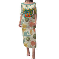 NZ Slang Sweet As Kiwi Shaka Sign Puletasi New Zealand Surfboards Sun and Tropical Beach Retro TS04 Long Dress Beige - Polynesian Pride