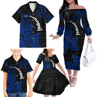 Pohnpei Federated States Of Micronesia Family Matching Off The Shoulder Long Sleeve Dress and Hawaiian Shirt Polynesian Tribal Heritage Art With Blue Island Tattoo Patterns TS04 - Polynesian Pride