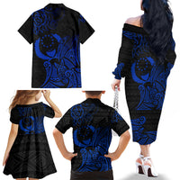 Pohnpei Federated States Of Micronesia Family Matching Off The Shoulder Long Sleeve Dress and Hawaiian Shirt Polynesian Tribal Heritage Art With Blue Island Tattoo Patterns TS04 - Polynesian Pride