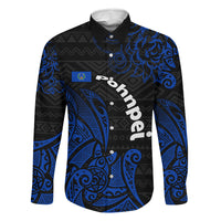 Pohnpei Federated States Of Micronesia Family Matching Off The Shoulder Long Sleeve Dress and Hawaiian Shirt Polynesian Tribal Heritage Art With Blue Island Tattoo Patterns TS04 Dad's Shirt - Long Sleeve Black Blue - Polynesian Pride