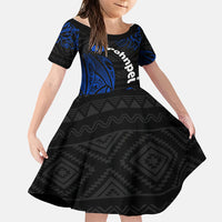 Pohnpei Federated States Of Micronesia Family Matching Off Shoulder Maxi Dress and Hawaiian Shirt Polynesian Tribal Heritage Art With Blue Island Tattoo Patterns