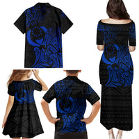 Pohnpei Federated States Of Micronesia Family Matching Puletasi and Hawaiian Shirt Polynesian Tribal Heritage Art With Blue Island Tattoo Patterns