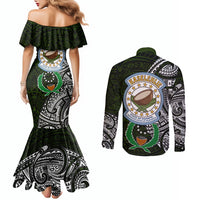 Pohnpei Federated States Of Micronesia Couples Matching Mermaid Dress and Long Sleeve Button Shirt Polynesian Tribal Heritage Art With Kaselehlie State Seal
