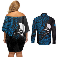Yap Island Tribal Heritage Couples Matching Off Shoulder Short Dress and Long Sleeve Button Shirt Micronesian Polynesian Tattoo Pattern Blue Black Cultural Art