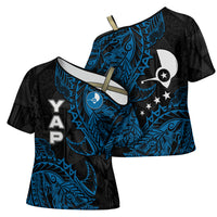 Yap Island Tribal Heritage Cross Shoulder Shirt Micronesian Polynesian Tattoo Pattern Blue Black Cultural Art
