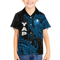 Yap Island Tribal Heritage Family Matching Long Sleeve Bodycon Dress and Hawaiian Shirt Micronesian Polynesian Tattoo Pattern Blue Black Cultural Art
