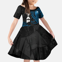 Yap Island Tribal Heritage Family Matching Off Shoulder Maxi Dress and Hawaiian Shirt Micronesian Polynesian Tattoo Pattern Blue Black Cultural Art