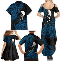 Yap Island Tribal Heritage Family Matching Summer Maxi Dress and Hawaiian Shirt Micronesian Polynesian Tattoo Pattern Blue Black Cultural Art