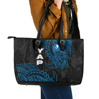 Yap Island Tribal Heritage Leather Tote Bag Micronesian Polynesian Tattoo Pattern Blue Black Cultural Art