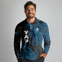 Yap Island Tribal Heritage Long Sleeve Polo Shirt Micronesian Polynesian Tattoo Pattern Blue Black Cultural Art