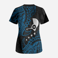 Yap Island Tribal Heritage Scrub Top Micronesian Polynesian Tattoo Pattern Blue Black Cultural Art