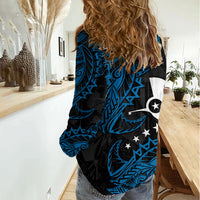 Yap Island Tribal Heritage Women Casual Shirt Micronesian Polynesian Tattoo Pattern Blue Black Cultural Art