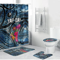 Yap Day Island Floral Tribal Heritage Bathroom Set Micronesian Hibiscus Pattern Polynesian Tattoo Blue Art