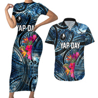 Yap Day Island Floral Tribal Heritage Couples Matching Short Sleeve Bodycon Dress and Hawaiian Shirt Micronesian Hibiscus Pattern Polynesian Tattoo Blue Art