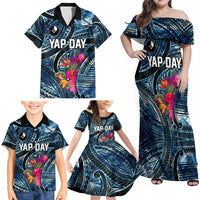 Yap Day Island Floral Tribal Heritage Family Matching Off Shoulder Maxi Dress and Hawaiian Shirt Micronesian Hibiscus Pattern Polynesian Tattoo Blue Art