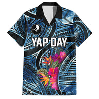Yap Day Island Floral Tribal Heritage Family Matching Off Shoulder Maxi Dress and Hawaiian Shirt Micronesian Hibiscus Pattern Polynesian Tattoo Blue Art