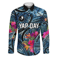 Yap Day Island Floral Tribal Heritage Family Matching Off Shoulder Maxi Dress and Hawaiian Shirt Micronesian Hibiscus Pattern Polynesian Tattoo Blue Art