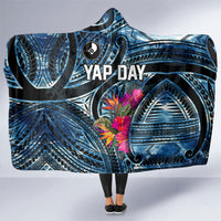Yap Day Island Floral Tribal Heritage Hooded Blanket Micronesian Hibiscus Pattern Polynesian Tattoo Blue Art