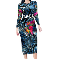 Yap Day Island Floral Tribal Heritage Long Sleeve Bodycon Dress Micronesian Hibiscus Pattern Polynesian Tattoo Blue Art
