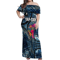 Yap Day Island Floral Tribal Heritage Off Shoulder Maxi Dress Micronesian Hibiscus Pattern Polynesian Tattoo Blue Art