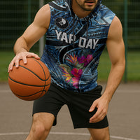 Yap Day Island Floral Tribal Heritage Sleeveless Hoodie Micronesian Hibiscus Pattern Polynesian Tattoo Blue Art