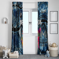 Yap Day Island Floral Tribal Heritage Window Curtain Micronesian Hibiscus Pattern Polynesian Tattoo Blue Art