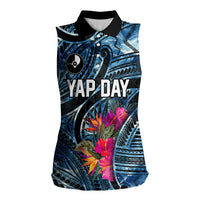 Yap Day Island Floral Tribal Heritage Women Sleeveless Polo Shirt Micronesian Hibiscus Pattern Polynesian Tattoo Blue Art